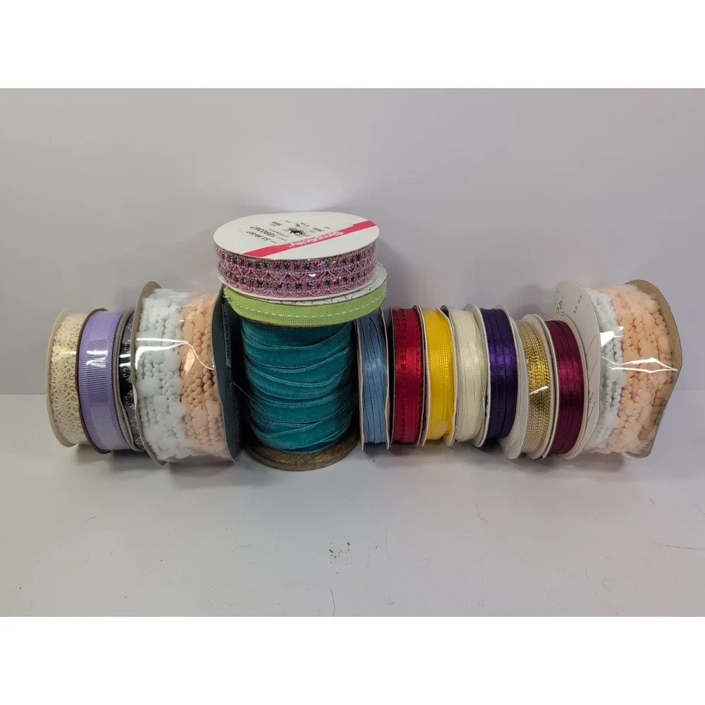 15 Spools Of‎ Ribbon Lot Purple Crochet Beaded Velvet Etc